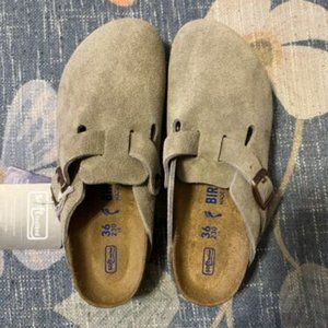 Birkenstock Boston Width Soft-Footbed Taupe Suede Leather Clog width US 5 EU 36